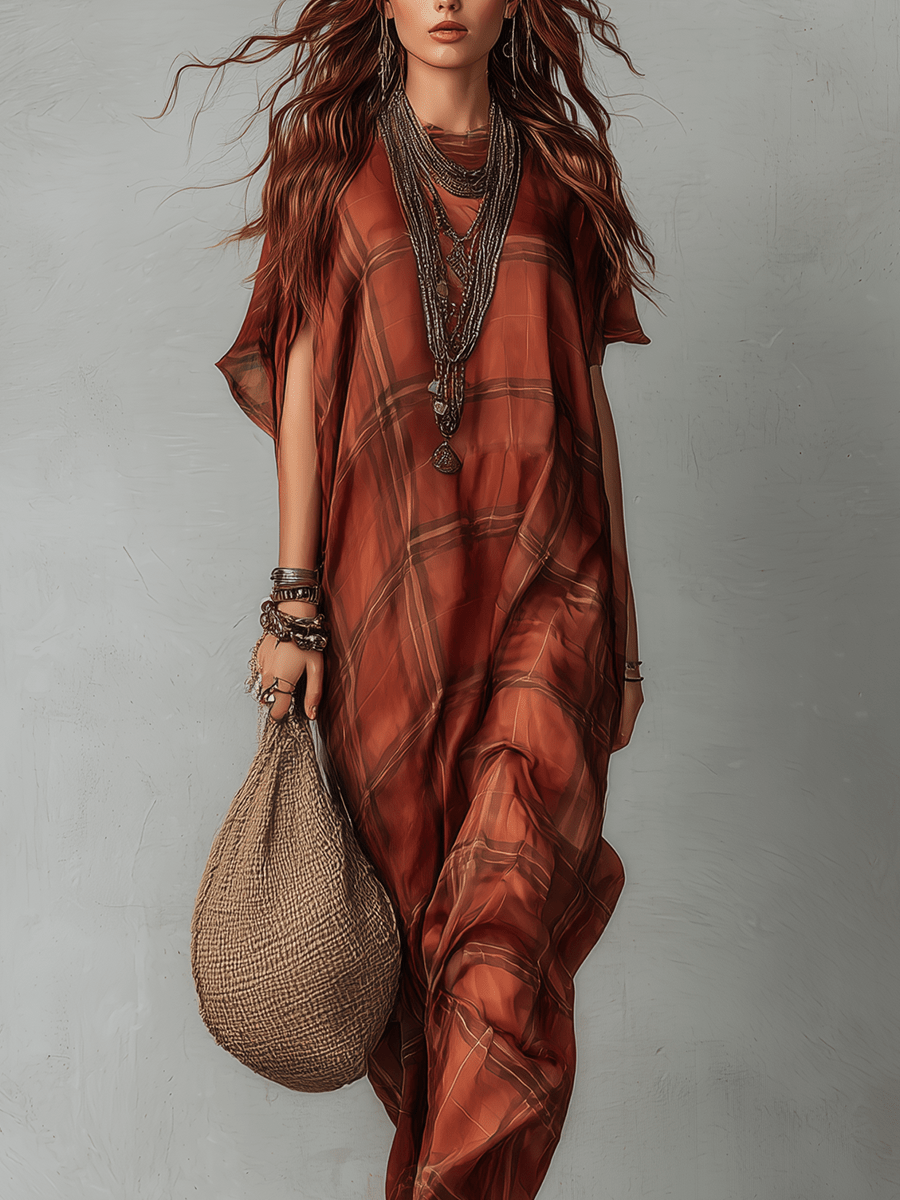 VESTIDO LARGO BOHEMIO DE ESTILO RETRO CON CUADROS - VALERINA MARBELLA