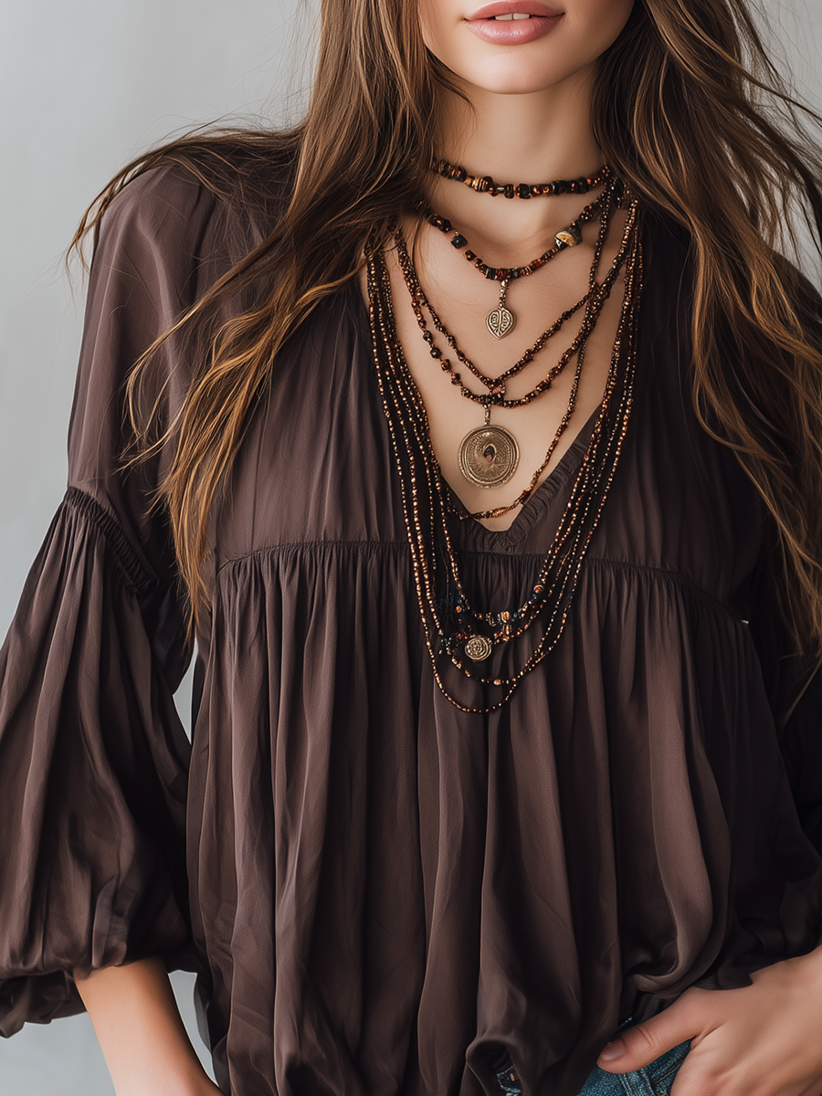 Retro Coffee Tone · Bohemian Pleated Chiffon Top