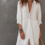 Vintage Lace-trimmed Cotton Linen Shirt Midi Dress