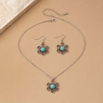 CONJUNTO VINTAGE TURQUESA FLOR PLATA PLAQUÉ COLLAR & BOUCLE OREILLE
