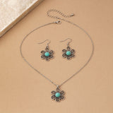 CONJUNTO VINTAGE TURQUESA FLOR PLATA PLAQUÉ COLLAR & BOUCLE OREILLE