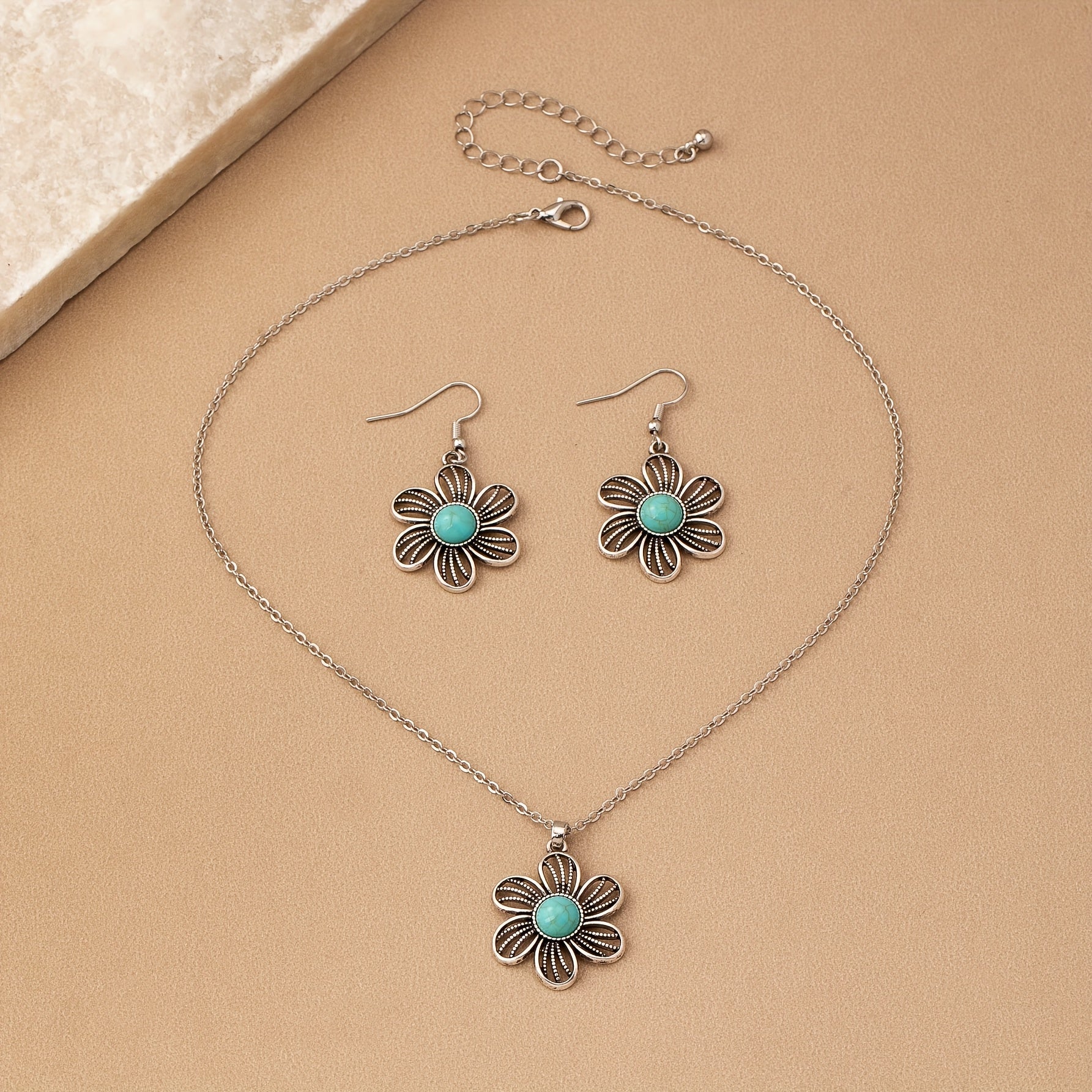 CONJUNTO VINTAGE BOHEMIO TURQUESA FLOR PENDIENTES COLLAR JOYAS