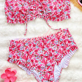 Floral Print Ruffled High-waisted Two-piece Stretch Bikini Swimsuit
