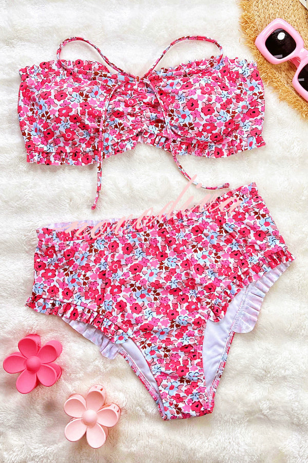 Floral Print Ruffled High-waisted Two-piece Stretch Bikini Swimsuit