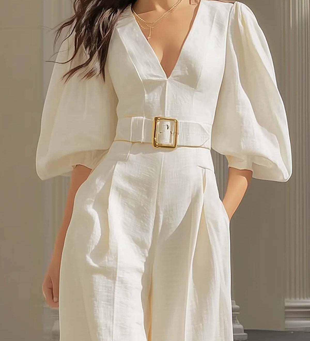 White V-neck lantern sleeve wide-leg jumpsuit（Includes belt）