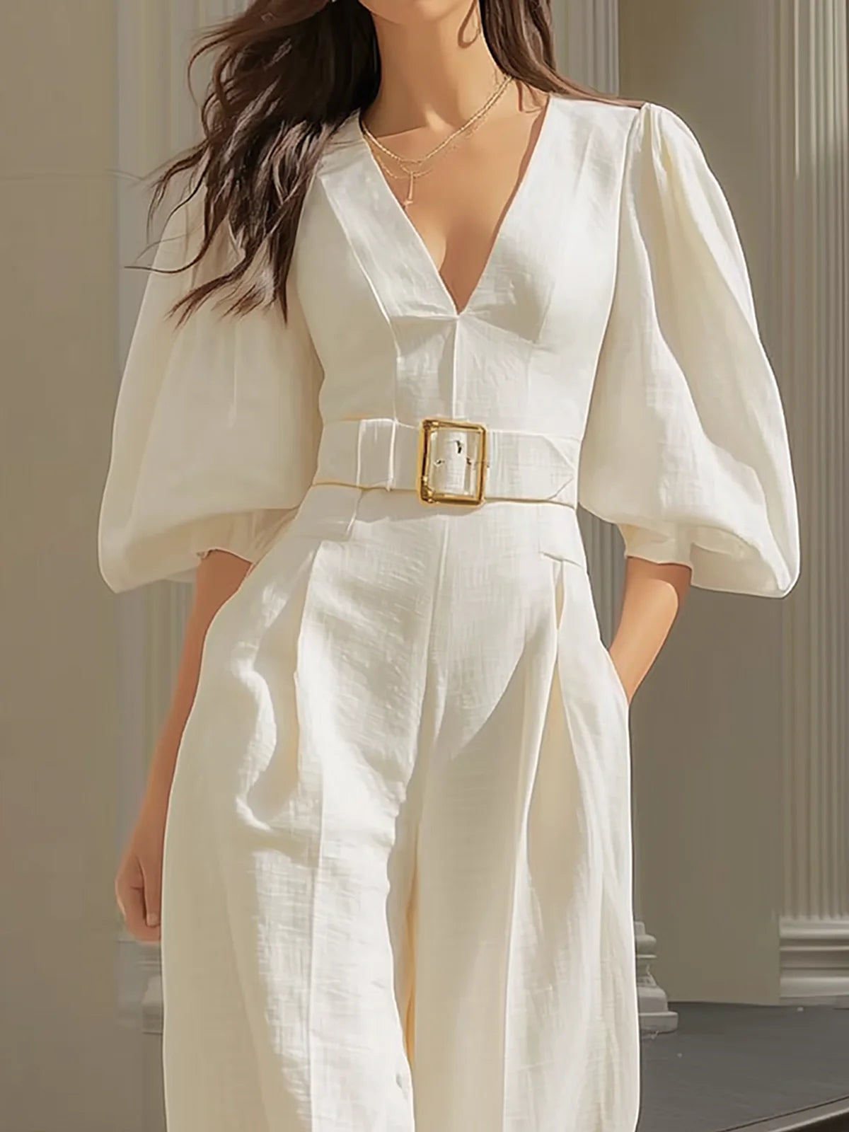 White V-neck lantern sleeve wide-leg jumpsuit（Includes belt）