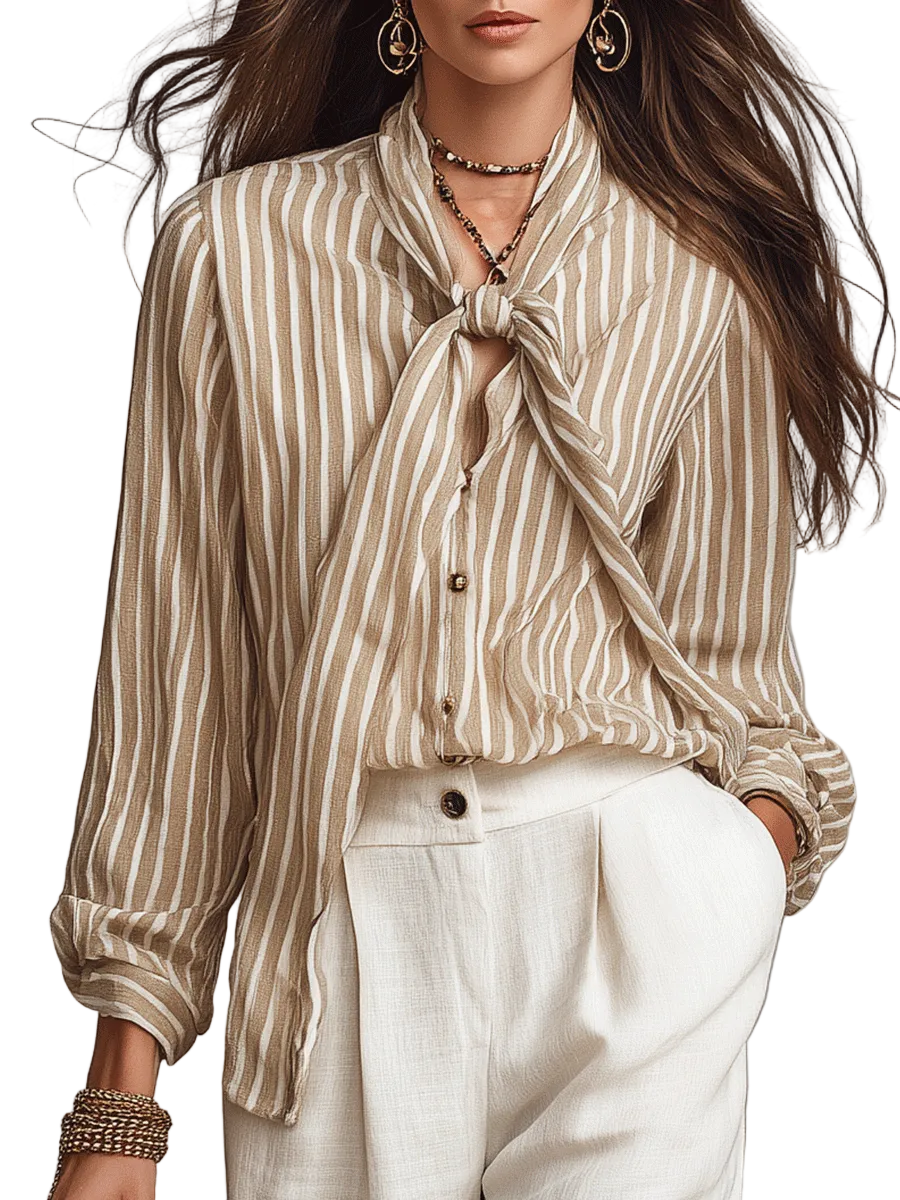 Quiet Bohemian Striped Tie-Neck Shirt