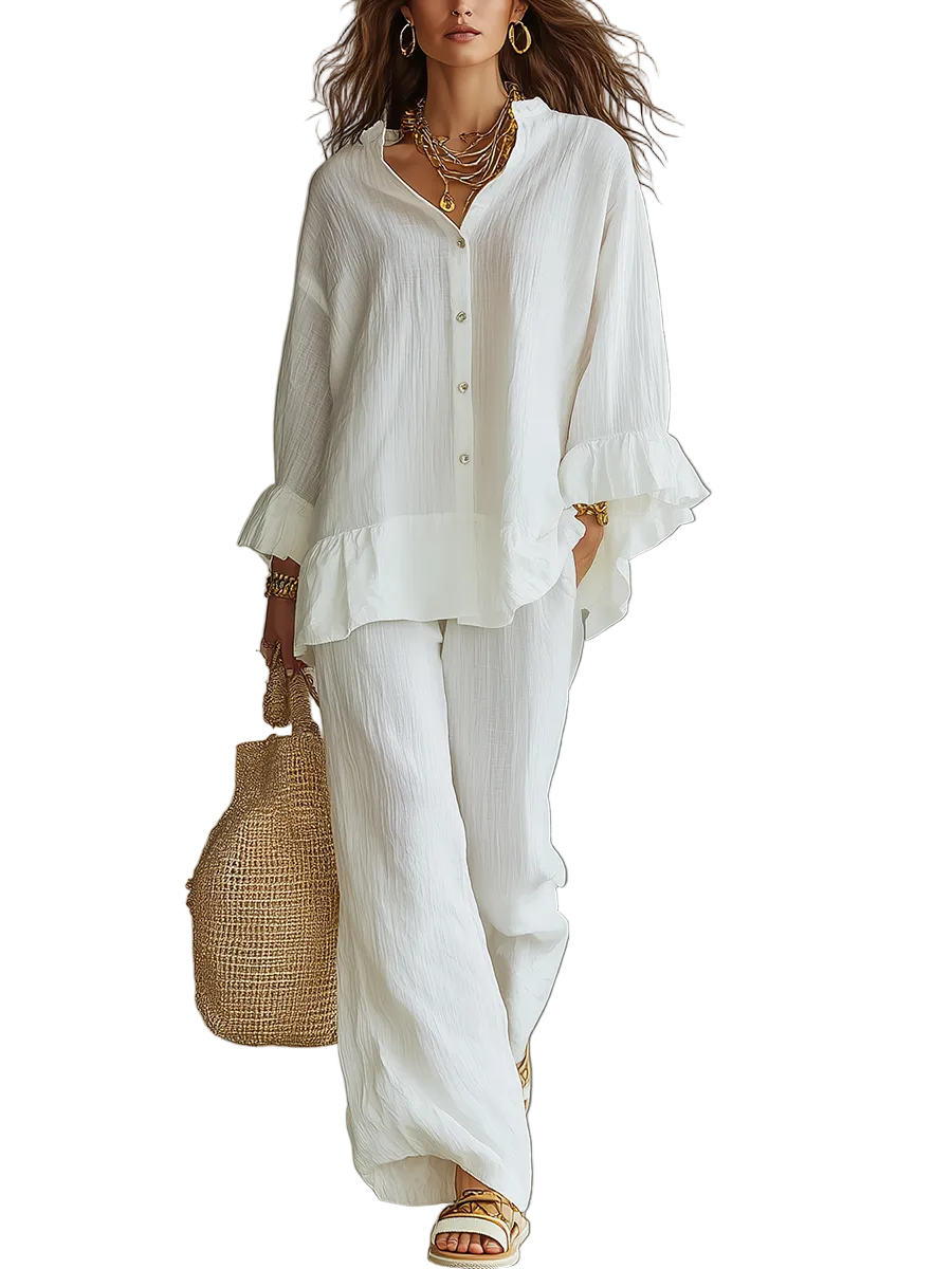 Effortless White Textured Ruffle Blouse & Wide-Leg Trouser Co-ord Set