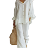 Effortless White Textured Ruffle Blouse & Wide-Leg Trouser Co-ord Set