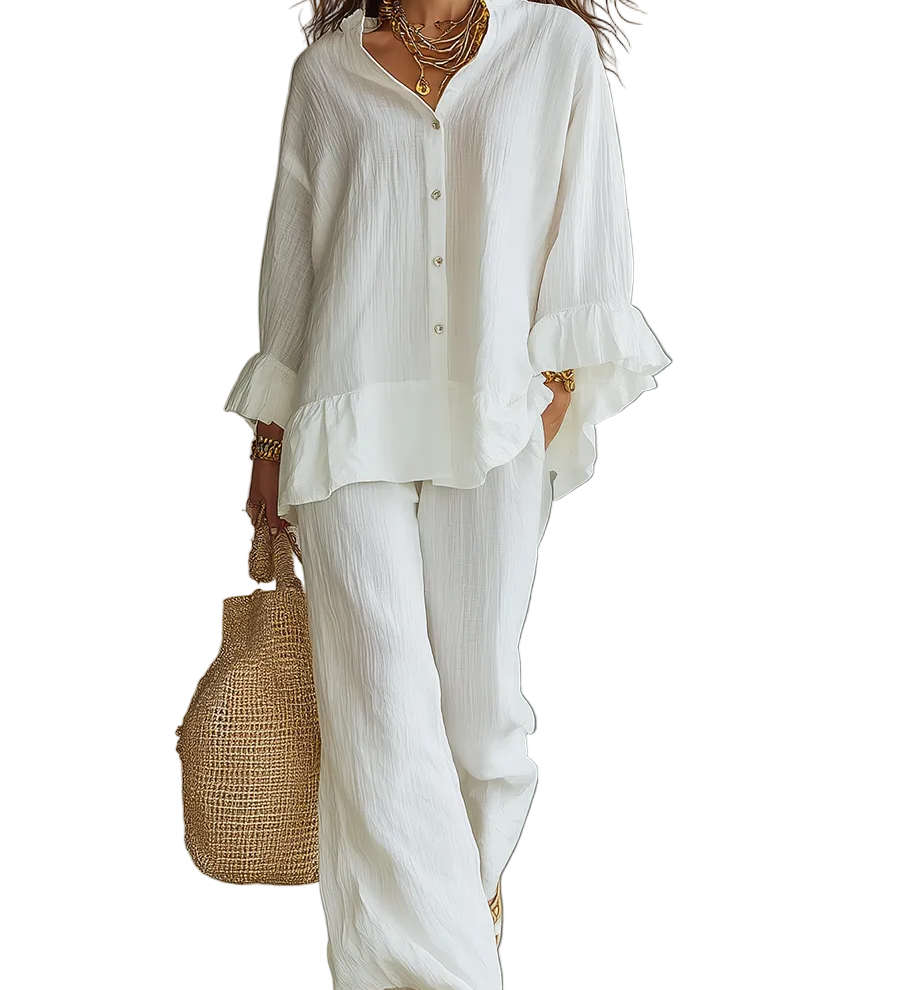 Effortless White Textured Ruffle Blouse & Wide-Leg Trouser Co-ord Set