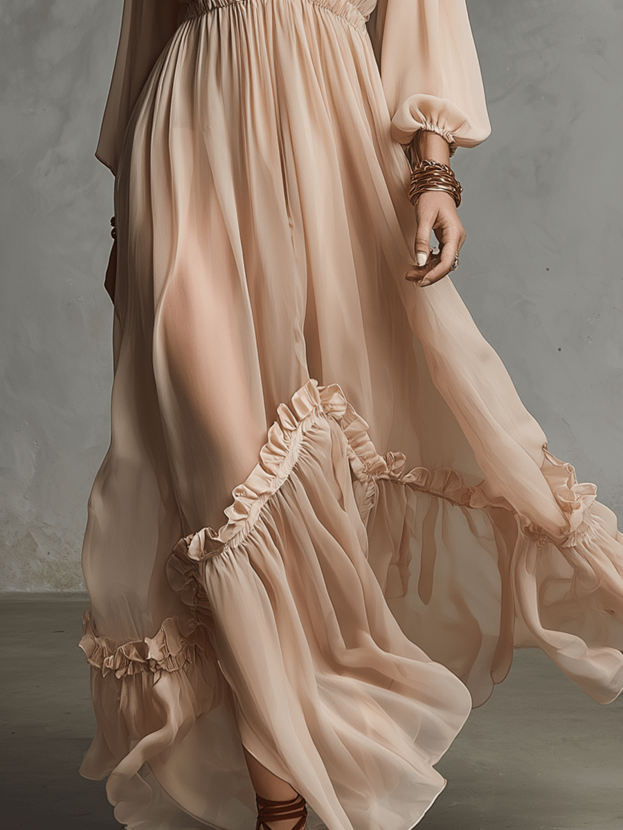 VESTIDO MAXI DE GASA CON ESCOTE EN V PROFUNDO - VALERINA MARBELLA