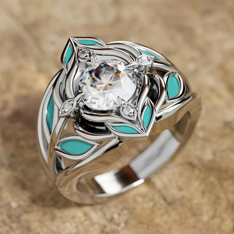 ANILLO ELEGANTE BOHEMIO TURQUESA FEUILLE CIRCONA CRISTAL