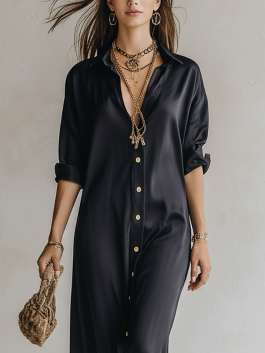 High-quality Satin Black Shirt Dress