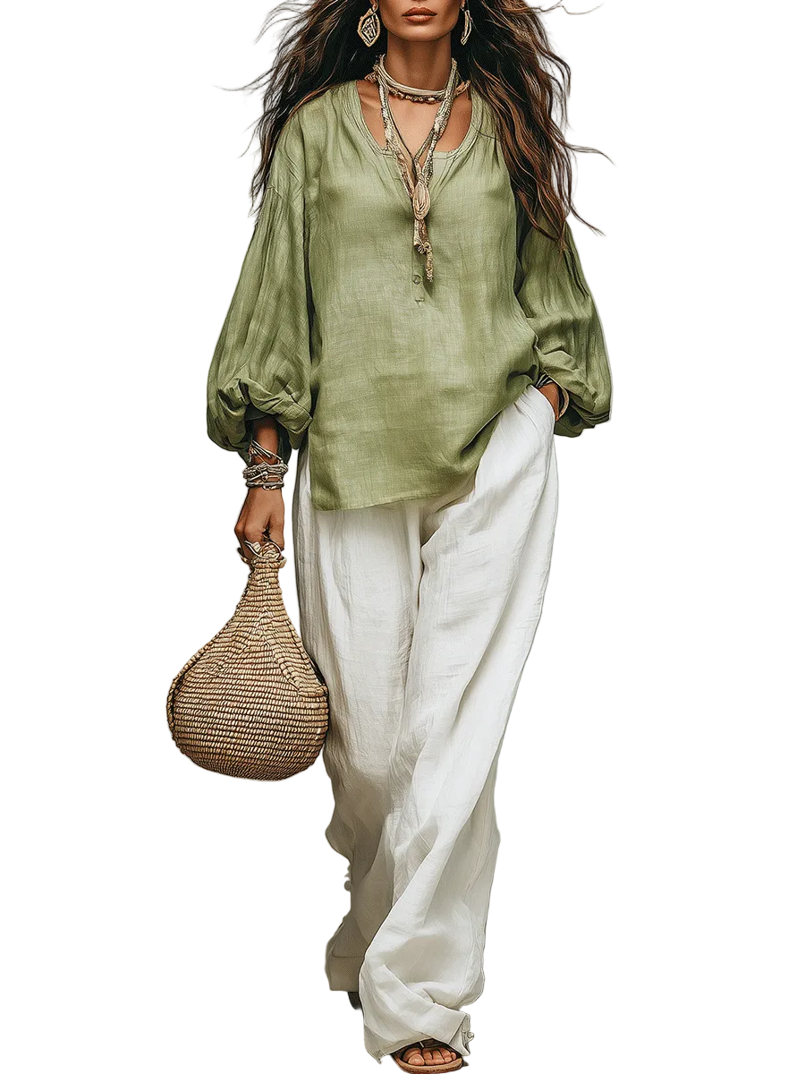 Sage Linen Blouse & Relaxed White Trousers Everyday Escape Set
