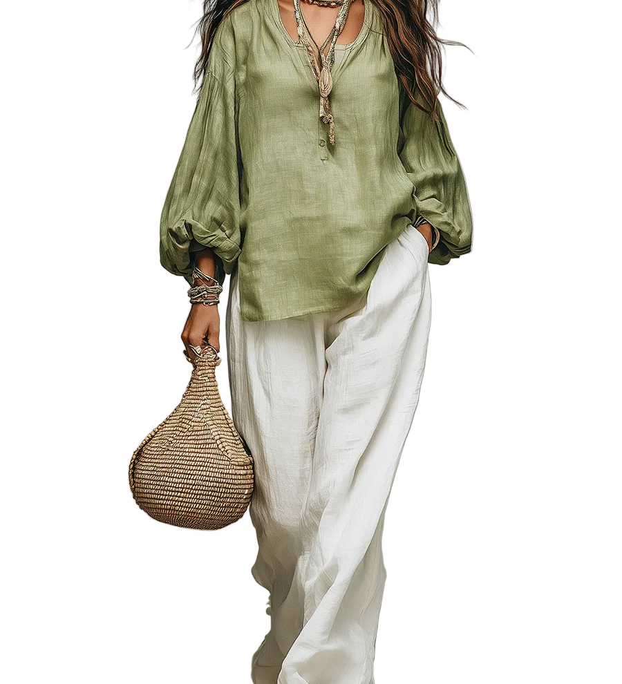 Sage Linen Blouse & Relaxed White Trousers Everyday Escape Set