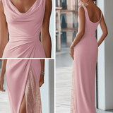 VESTIDO LARGO ROSA EMPOLVADO CON ESCOTE DRAPEADO - VALERINA MARBELLA