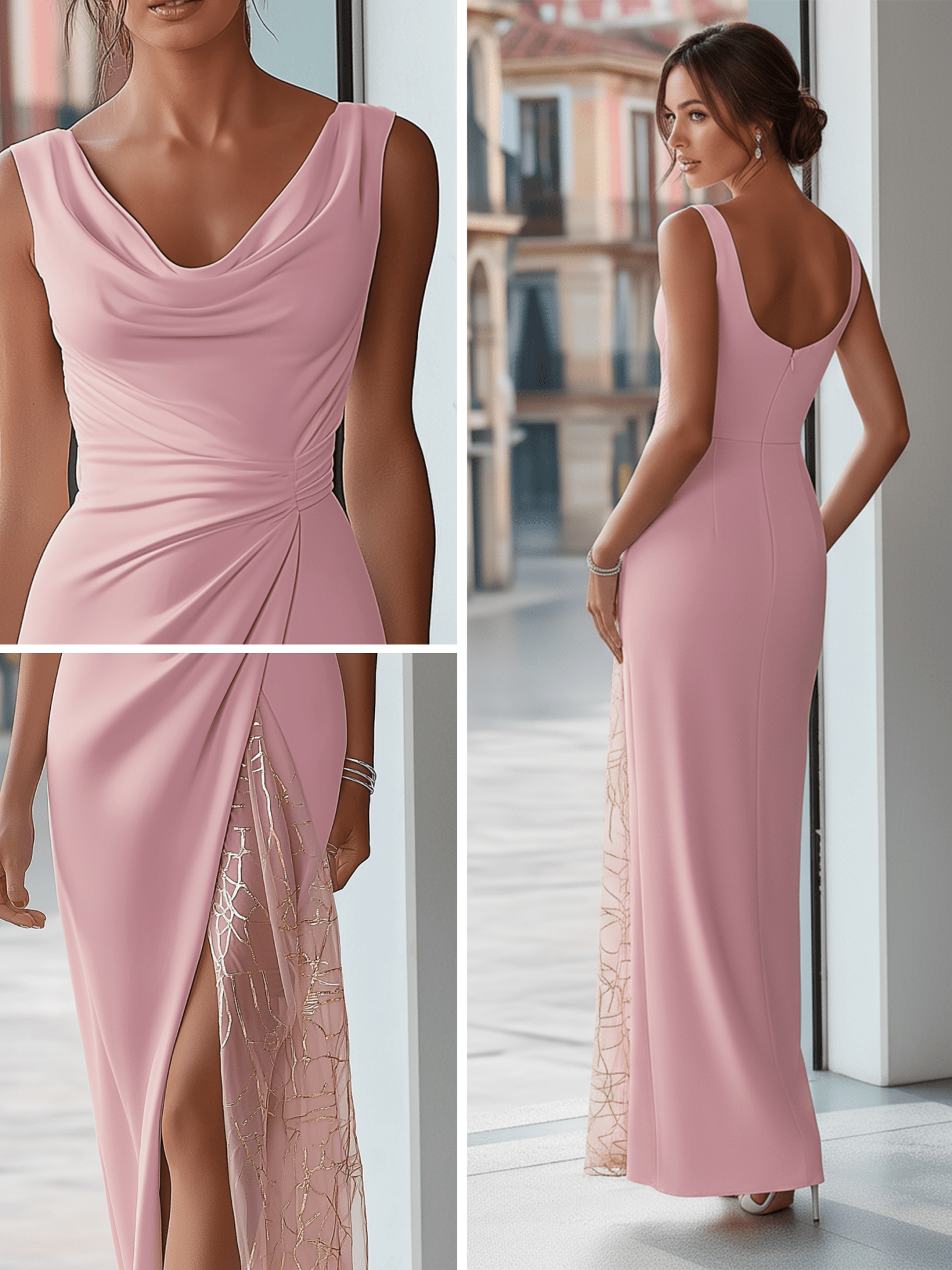 VESTIDO LARGO ROSA EMPOLVADO CON ESCOTE DRAPEADO - VALERINA MARBELLA