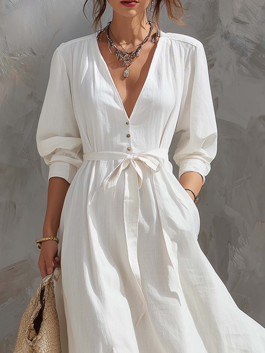 VESTIDO MIDI MINIMALISTA DE ALGODÓN Y LINO - VALERINA MARBELLA