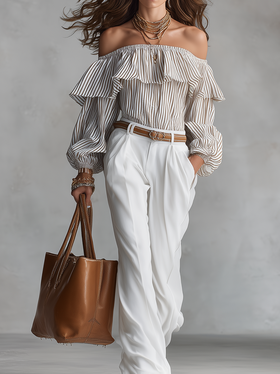 Romantic Off-Shoulder Striped Ruffle Blouse