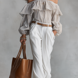 Romantic Off-Shoulder Striped Ruffle Blouse