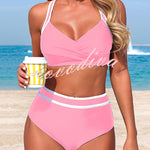 Stylish Color-blocked Striped High-waisted Two-piece Stretch Bikini Swimsuit