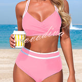 Stylish Color-blocked Striped High-waisted Two-piece Stretch Bikini Swimsuit