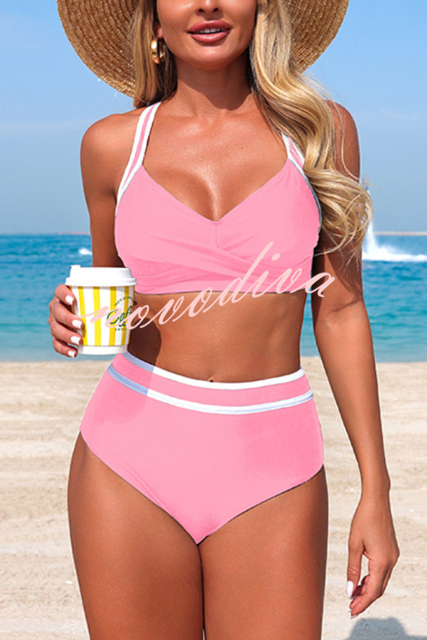 Stylish Color-blocked Striped High-waisted Two-piece Stretch Bikini Swimsuit