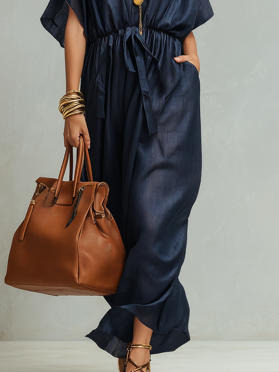 Sophisticated Navy Denim Drawstring Waist Maxi Dress