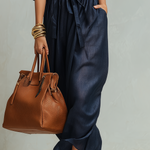 Sophisticated Navy Denim Drawstring Waist Maxi Dress