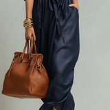 Sophisticated Navy Denim Drawstring Waist Maxi Dress