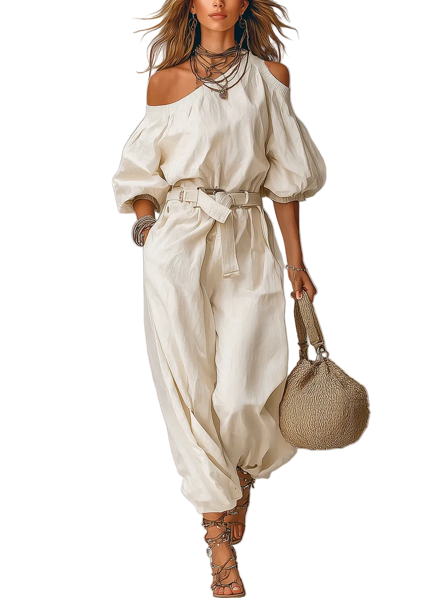 Off-the-shoulder Linen Jumpsuit With Tie Straps