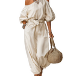 Off-the-shoulder Linen Jumpsuit With Tie Straps
