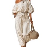 Off-the-shoulder Linen Jumpsuit With Tie Straps