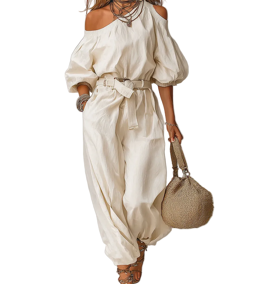 Off-the-shoulder Linen Jumpsuit With Tie Straps