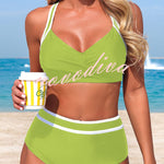 Stylish Color-blocked Striped High-waisted Two-piece Stretch Bikini Swimsuit