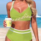 Stylish Color-blocked Striped High-waisted Two-piece Stretch Bikini Swimsuit