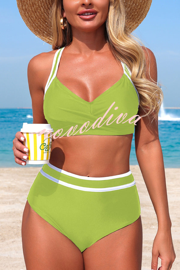 Stylish Color-blocked Striped High-waisted Two-piece Stretch Bikini Swimsuit