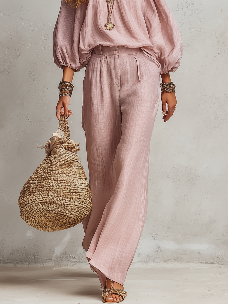 Bohemian Style Light Pink Lantern Sleeve Wide Leg Pants Set