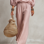 Bohemian Style Light Pink Lantern Sleeve Wide Leg Pants Set