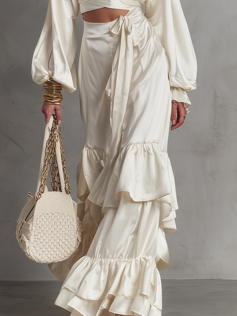 Luxurious Ivory Satin Cutout-Waist Tiered Ruffle Maxi Skirt Co-ord Set