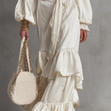 Luxurious Ivory Satin Cutout-Waist Tiered Ruffle Maxi Skirt Co-ord Set