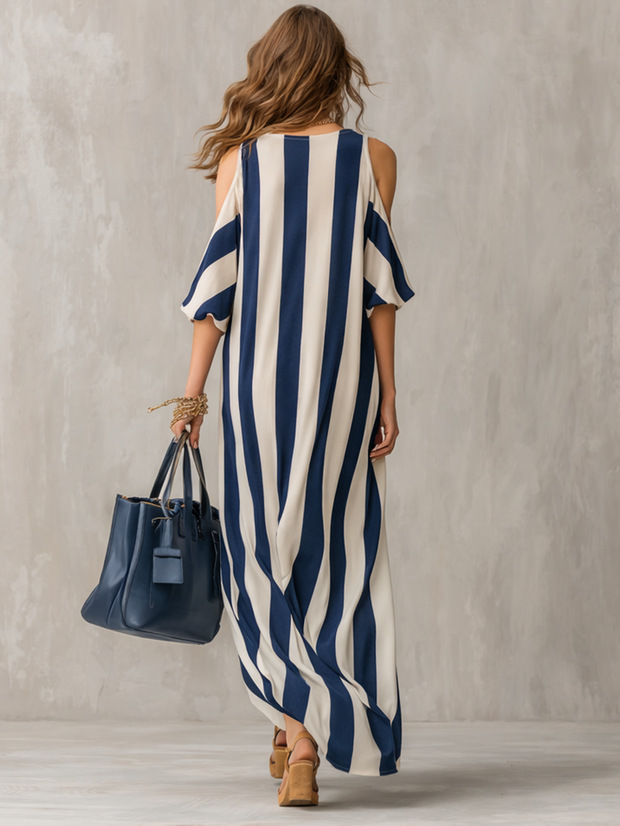 Statement Navy Stripe Cold-Shoulder Maxi Dress