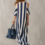 Statement Navy Stripe Cold-Shoulder Maxi Dress