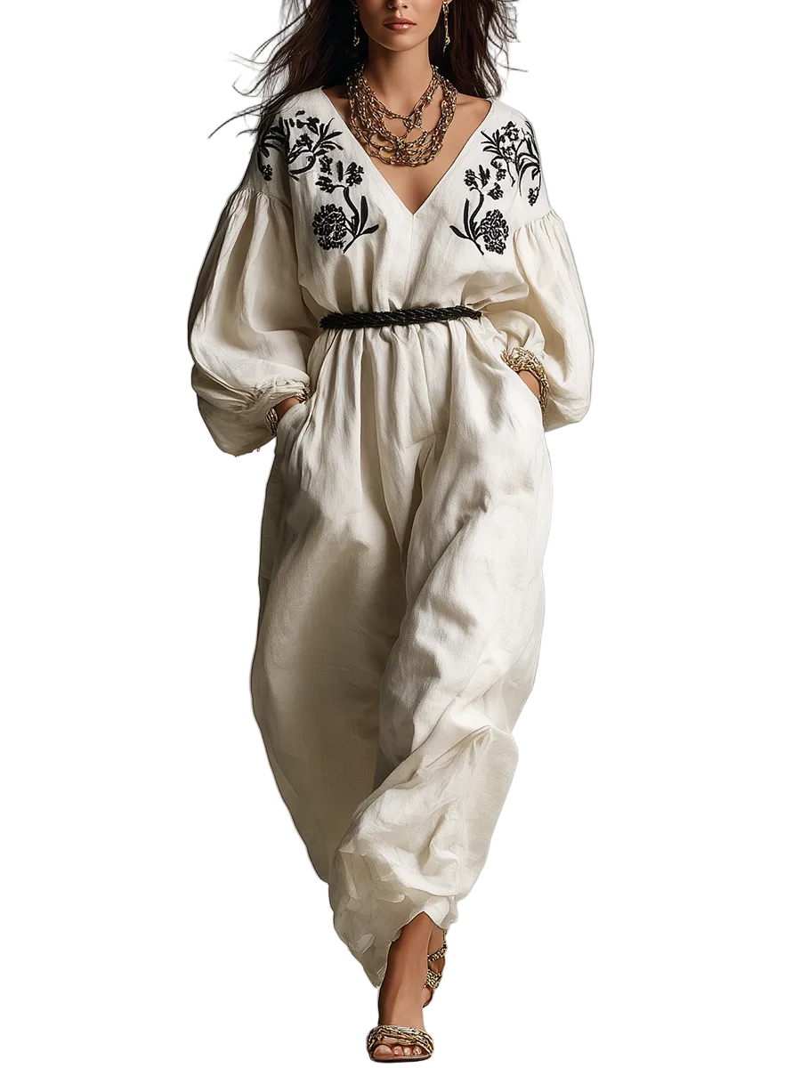 Bohemian Style | Off-white Embroidered Wide-leg Jumpsuit