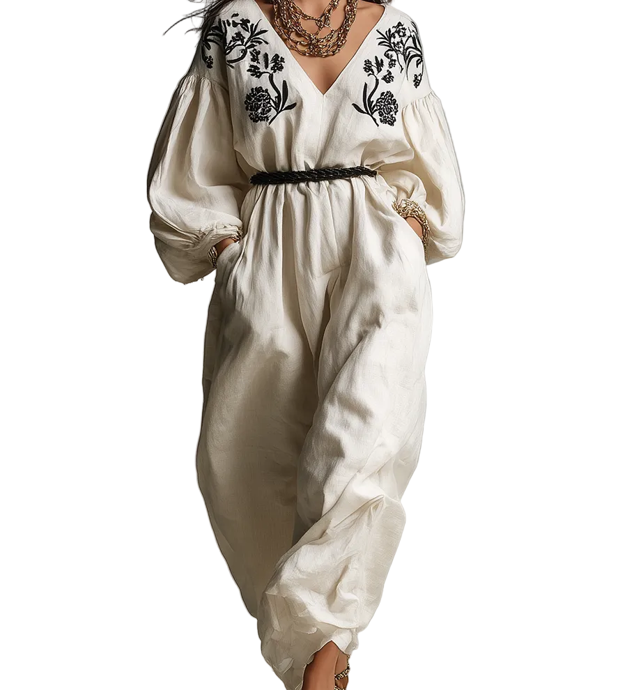 Bohemian Style | Off-white Embroidered Wide-leg Jumpsuit
