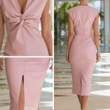 VESTIDO MIDI DE PIEL SINTÉTICA ROSA BLUSH CON FRUNCIDO FRONTAL - VALERINA MARBELLA