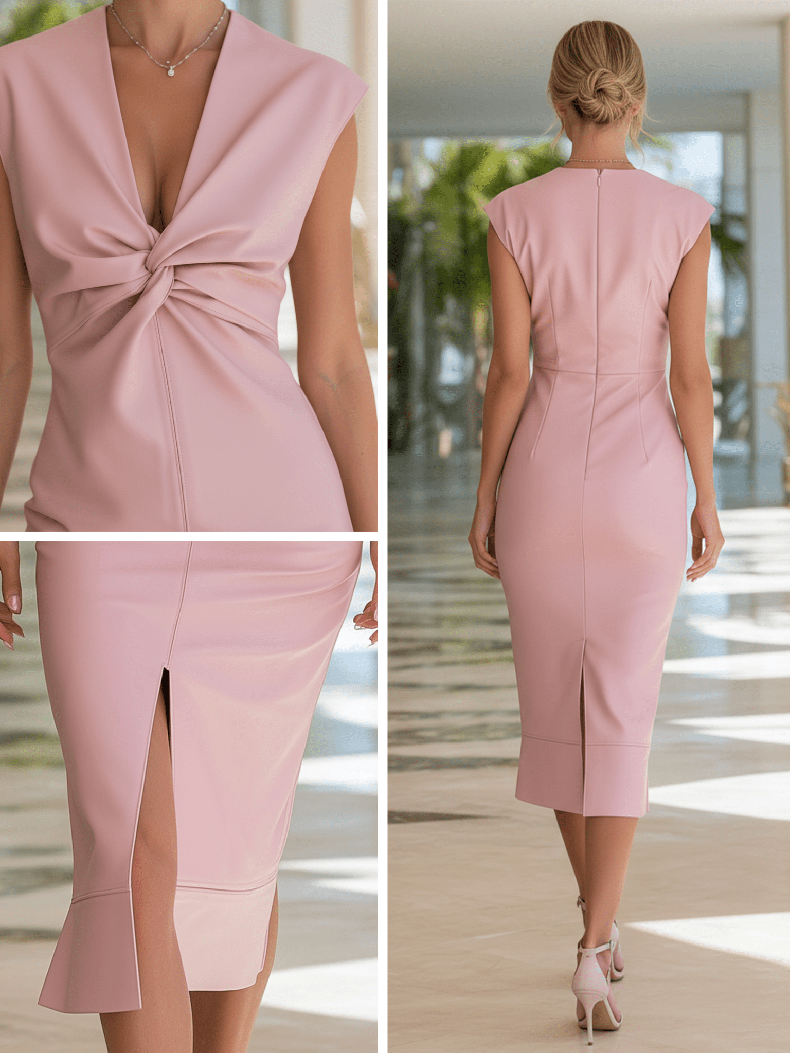 VESTIDO MIDI DE PIEL SINTÉTICA ROSA BLUSH CON FRUNCIDO FRONTAL - VALERINA MARBELLA