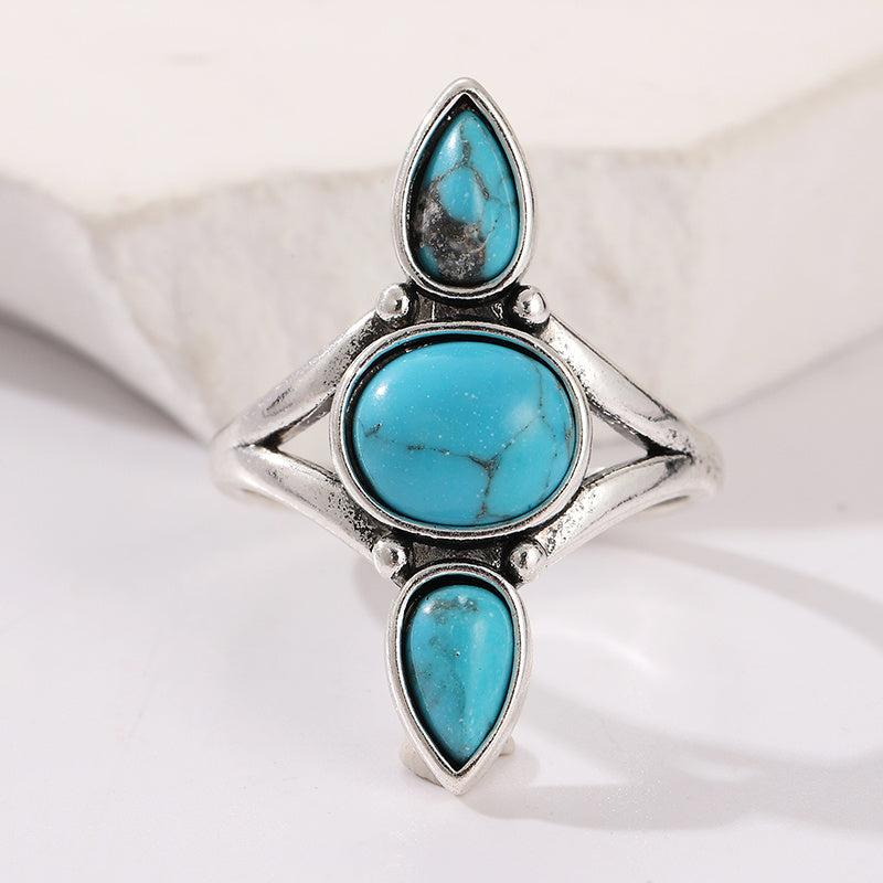 ANILLO BOHEMIO ORO BLANCO PLAQUÉ GOTA ÓVALO TURQUESA INCRUSTÉ