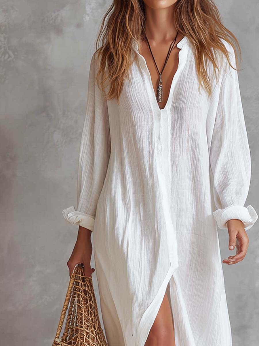 Effortless Wrinkled Texture Cotton Linen Midi Dress