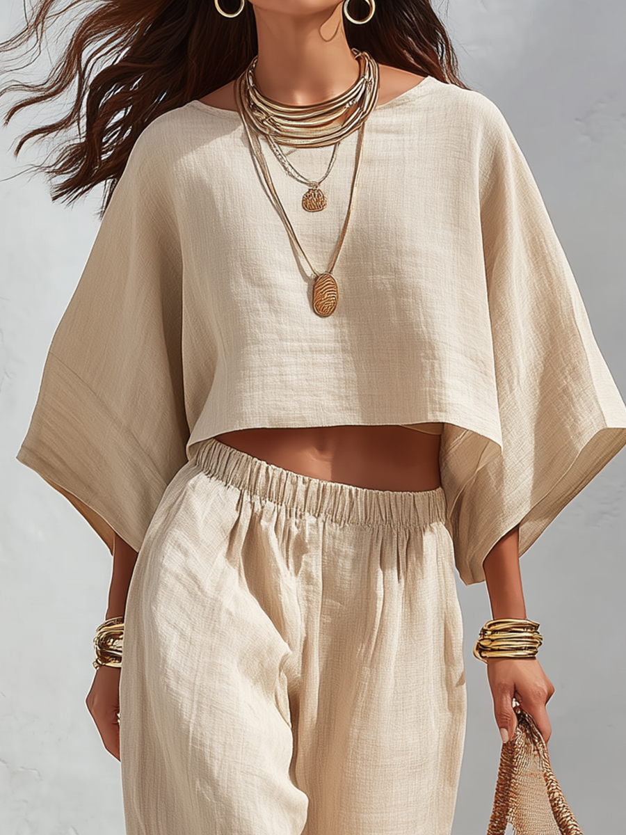 Effortless Beige Linen Cropped Top & Relaxed Pants Set